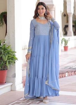 Faux georgette gown with with sequins zari embroidered cut work dupatta 1
