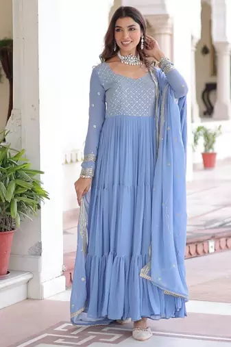 Faux georgette gown with with sequins zari embroidered cut work dupatta