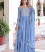 Faux georgette gown with with sequins zari embroidered cut work dupatta