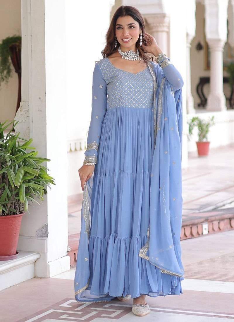 Faux georgette gown with with sequins zari embroidered cut work dupatta