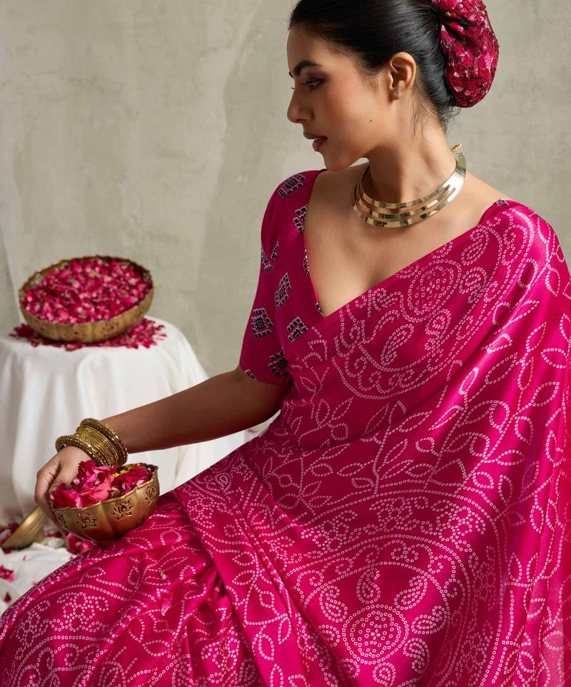 pink color rich looks designer bandhani printed elegant festive saree