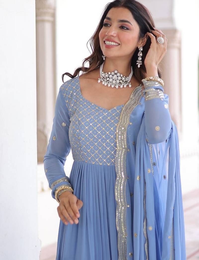 Faux georgette gown with with sequins zari embroidered cut work dupatta