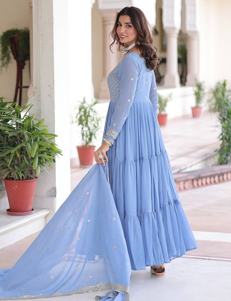 Faux georgette gown with with sequins zari embroidered cut work dupatta