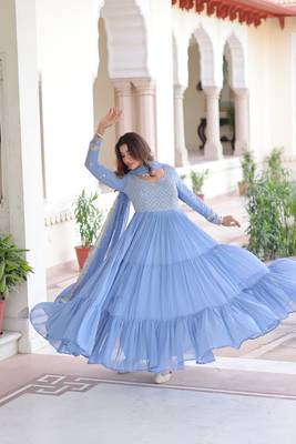 Faux georgette gown with with sequins zari embroidered cut work dupatta 5