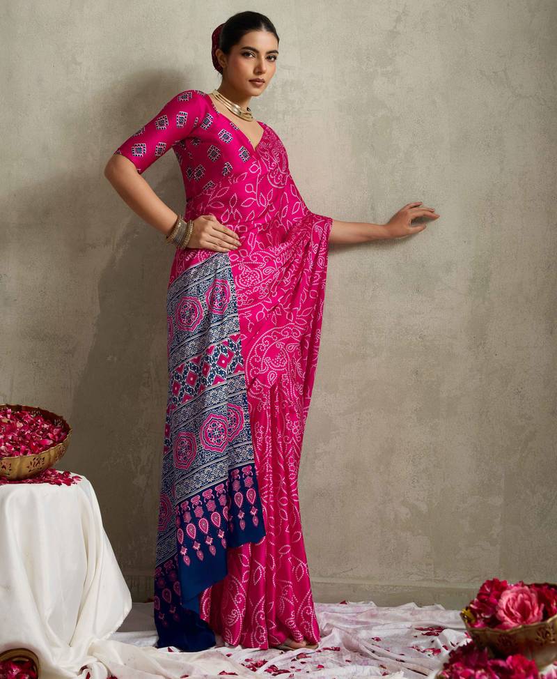 pink color rich looks designer bandhani printed elegant festive saree