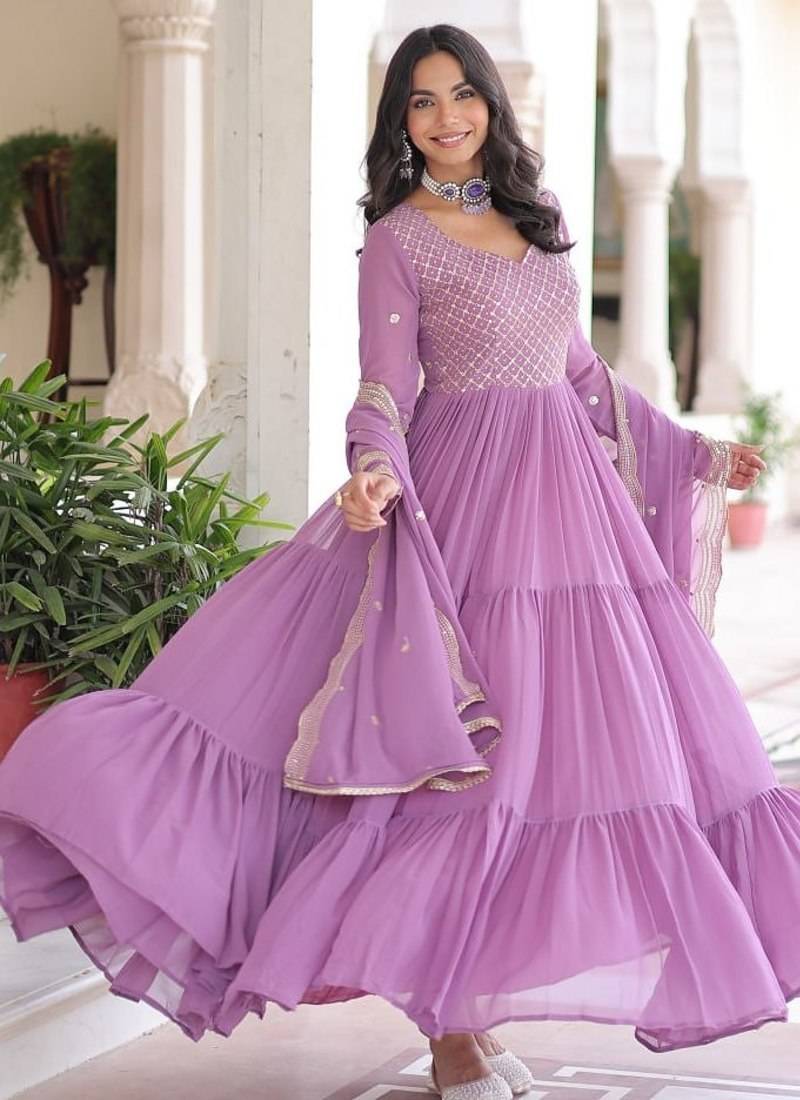Faux georgette gown with with sequins zari embroidered cut work dupatta