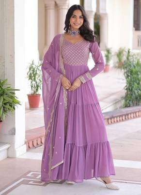 Faux georgette gown with with sequins zari embroidered cut work dupatta 2