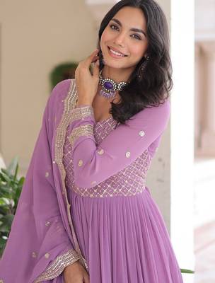 Faux georgette gown with with sequins zari embroidered cut work dupatta 3