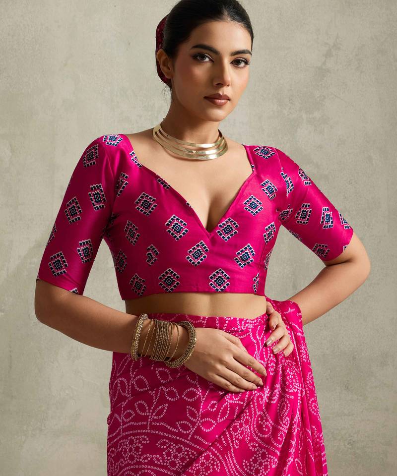 pink color rich looks designer bandhani printed elegant festive saree