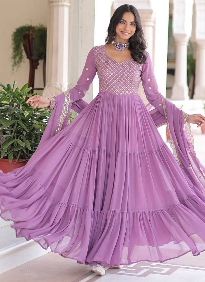 Faux georgette gown with with sequins zari embroidered cut work dupatta