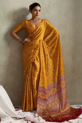 mustard color rich looks designer bandhani printed elegant festive saree