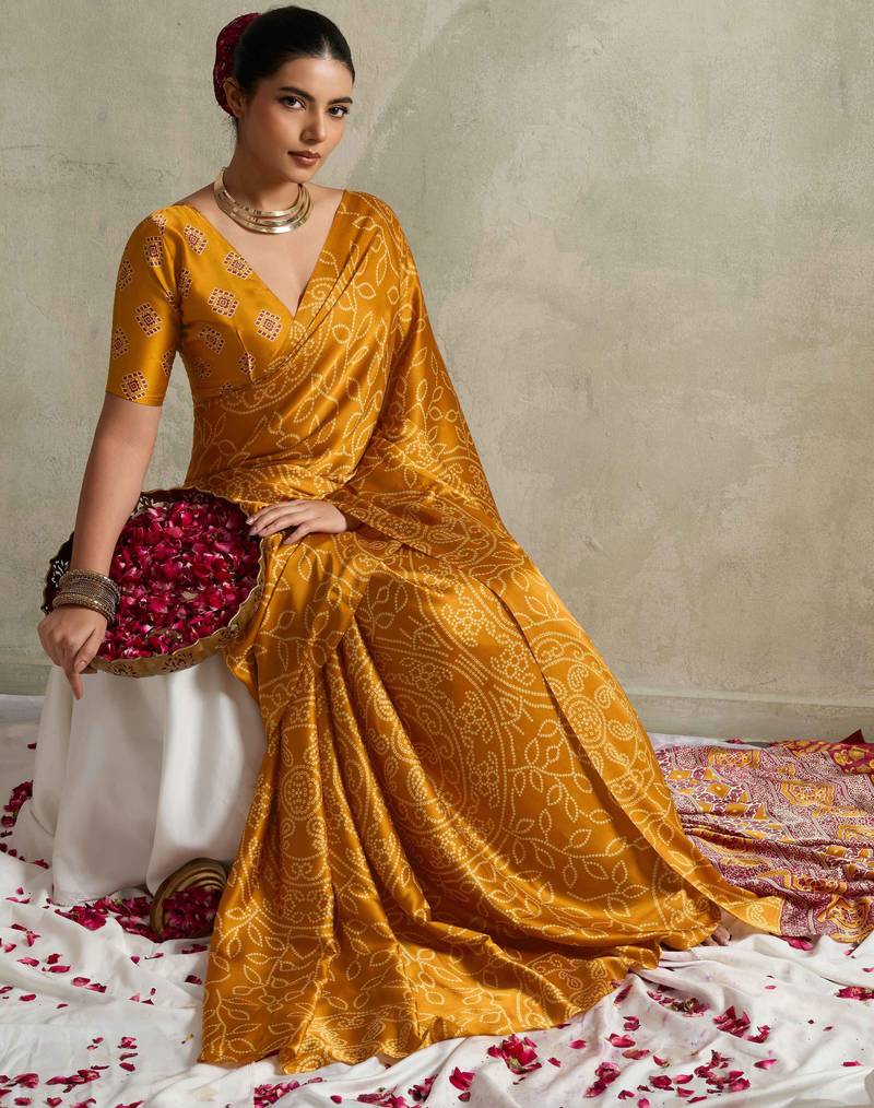 mustard color rich looks designer bandhani printed elegant festive saree