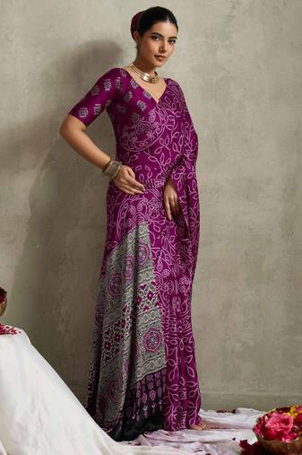 purple color rich looks designer bandhani printed elegant festive saree