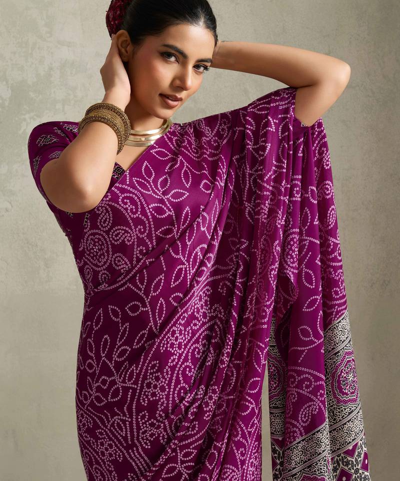 purple color rich looks designer bandhani printed elegant festive saree