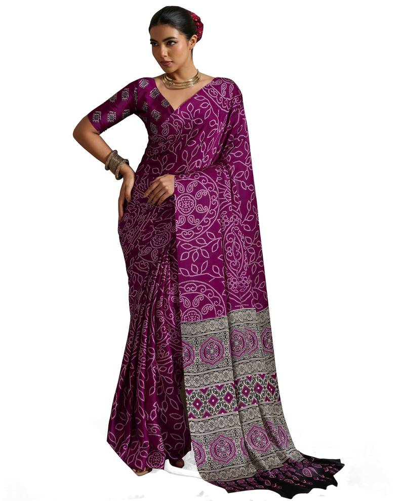 purple color rich looks designer bandhani printed elegant festive saree