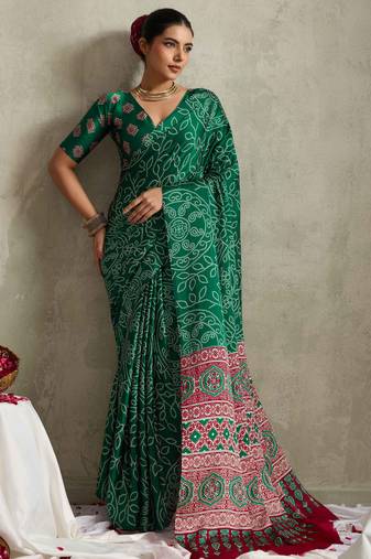 green color rich looks designer bandhani printed elegant festive saree