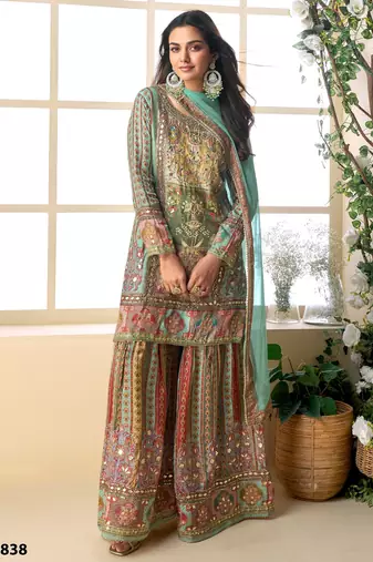 Multi colour embroidered crepe free size stitched palazzo style salwar suit