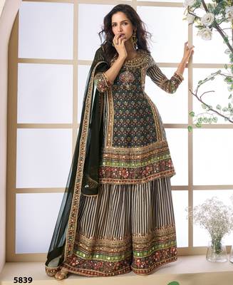 Multi colour embroidered crepe free size stitched palazzo style salwar suit 1