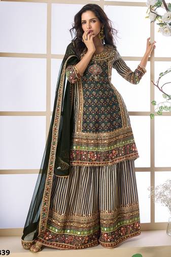Multi colour embroidered crepe free size stitched palazzo style salwar suit