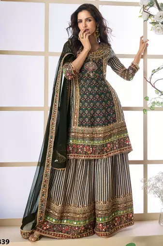 Multi colour embroidered crepe free size stitched palazzo style salwar suit