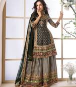 Multi colour embroidered crepe free size stitched palazzo style salwar suit