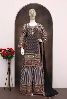 Multi colour embroidered crepe free size stitched palazzo style salwar suit 2
