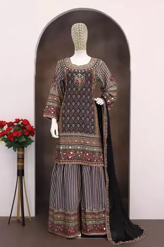 Multi colour embroidered crepe free size stitched palazzo style salwar suit