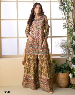Multi colour embroidered crepe free size stitched palazzo style salwar suit 1