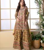 Multi colour embroidered crepe free size stitched palazzo style salwar suit