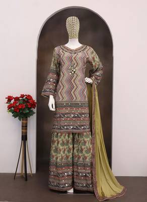 Multi colour embroidered crepe free size stitched palazzo style salwar suit 2