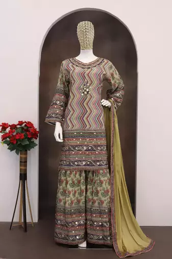 Multi colour embroidered crepe free size stitched palazzo style salwar suit