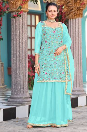 Sea green color graceful heavy embroidered palazzo set