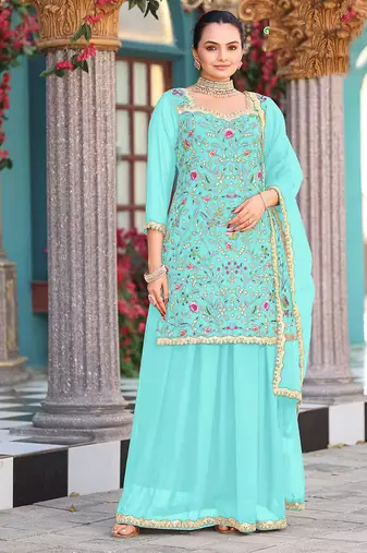 Sea green color graceful heavy embroidered palazzo set