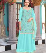 Sea green color graceful heavy embroidered palazzo set