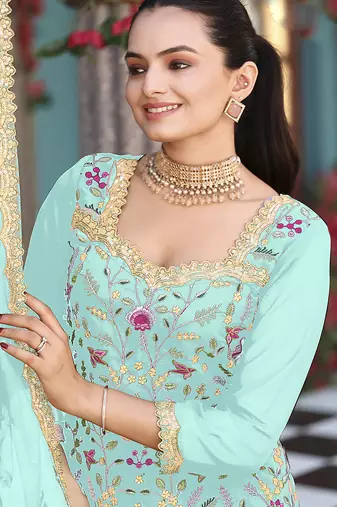 Sea green color graceful heavy embroidered palazzo set
