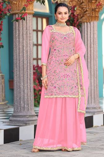 Pink color graceful heavy embroidered palazzo set