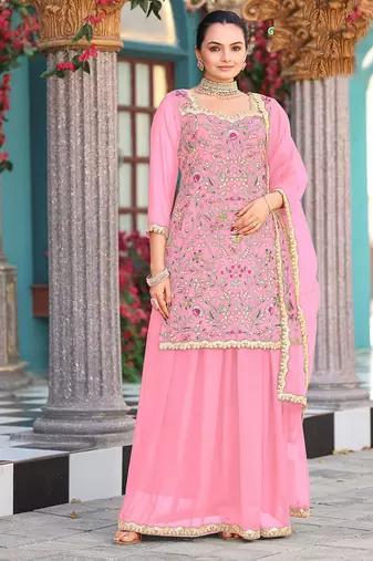 Pink color graceful heavy embroidered palazzo set