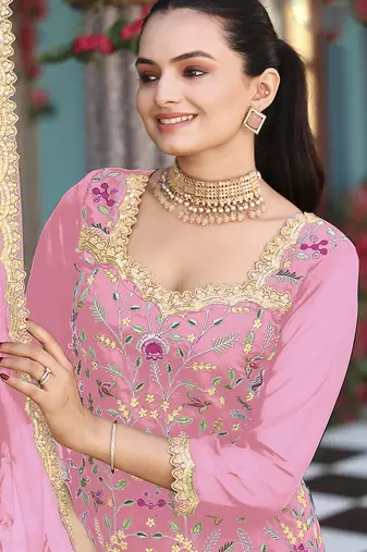Pink color graceful heavy embroidered palazzo set