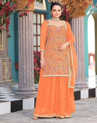 Orange color graceful heavy embroidered palazzo set 1