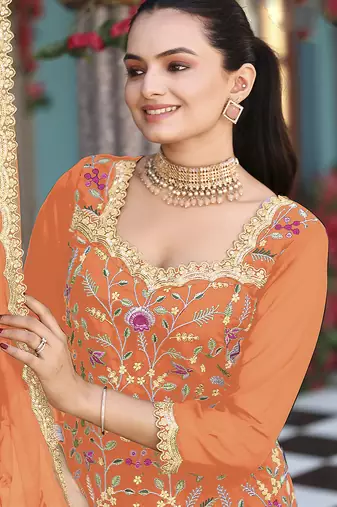 Orange color graceful heavy embroidered palazzo set