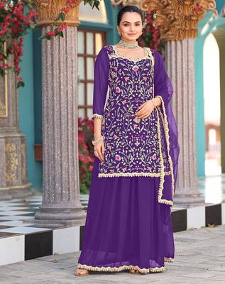 Purple color graceful heavy embroidered palazzo set 1