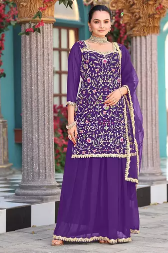 Purple color graceful heavy embroidered palazzo set