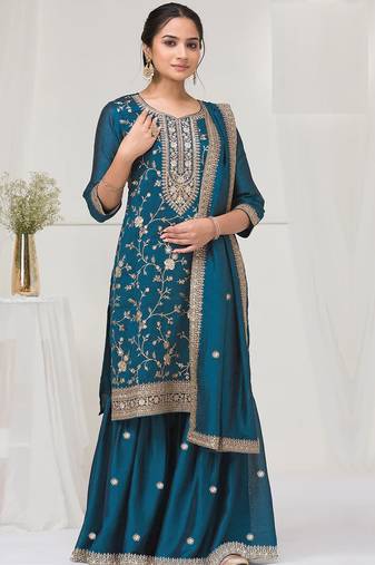 Teal blue color vichitra silk fabric designer embroidery work sharara dress