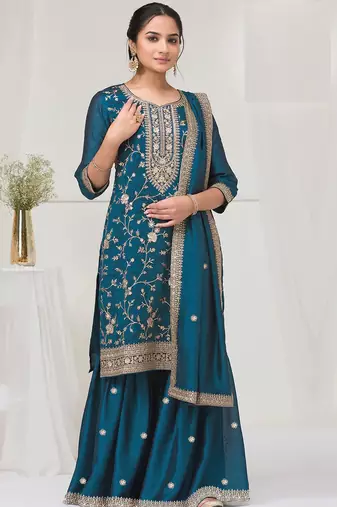 Teal blue color vichitra silk fabric designer embroidery work sharara dress