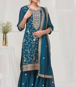 Teal blue color vichitra silk fabric embroidery work sharara dress