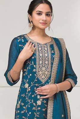 Teal blue color vichitra silk fabric embroidery work sharara dress 2