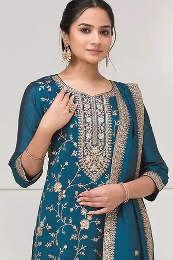 Teal blue color vichitra silk fabric embroidery work sharara dress