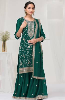 Green color vichitra silk fabric embroidery work sharara dress 1