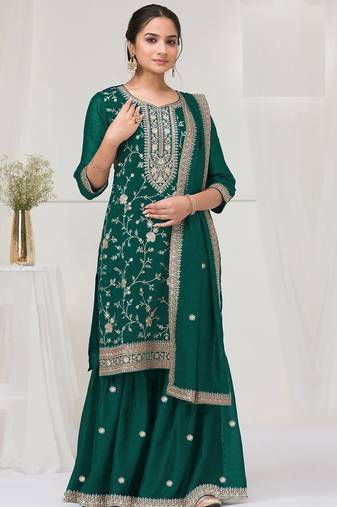Green color vichitra silk fabric designer embroidery work sharara dress
