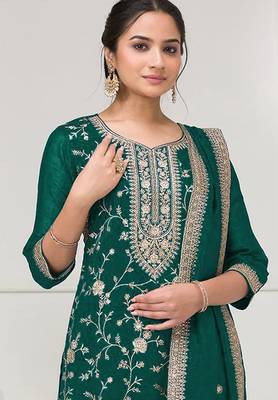 Green color vichitra silk fabric embroidery work sharara dress 2